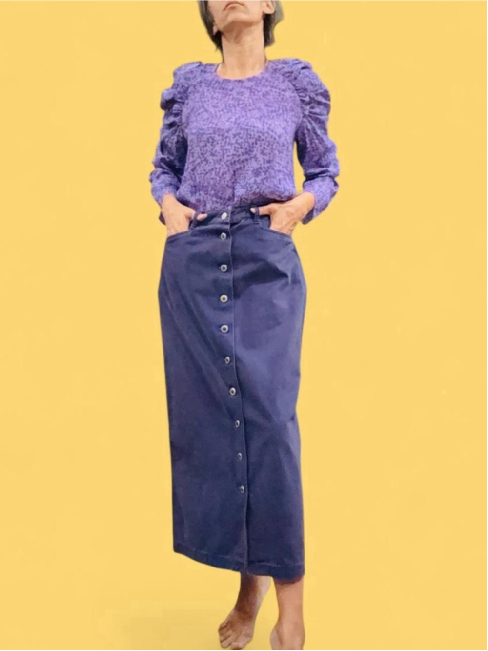 Vintage Basic Editions Purple Denim Midi Maxi Skirt Button Front Size 8 90s